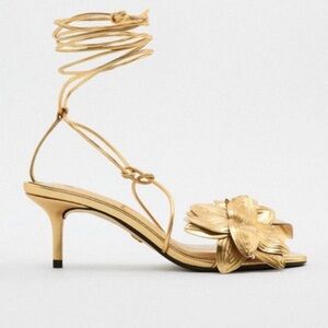 ZARA Metallic Gold Floral Lace-Up Sandals kitten heel  40 9